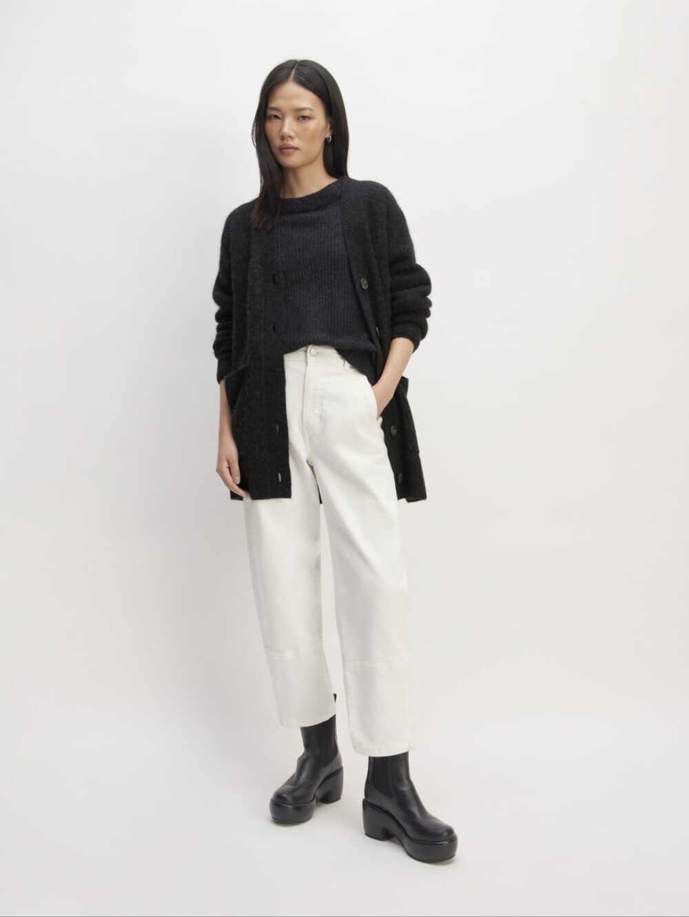 Everlane The Oversized Alpaca Patch Pocket Button Cardigan in Heathered Black M